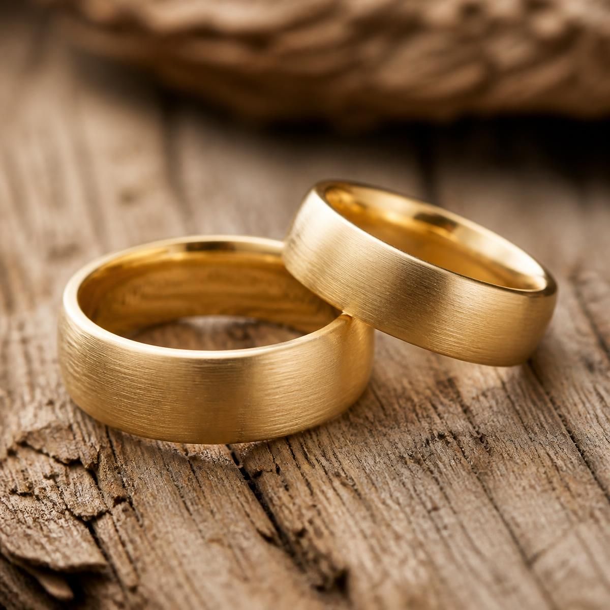 Pair of brushed yellow gold wedding bands on oak