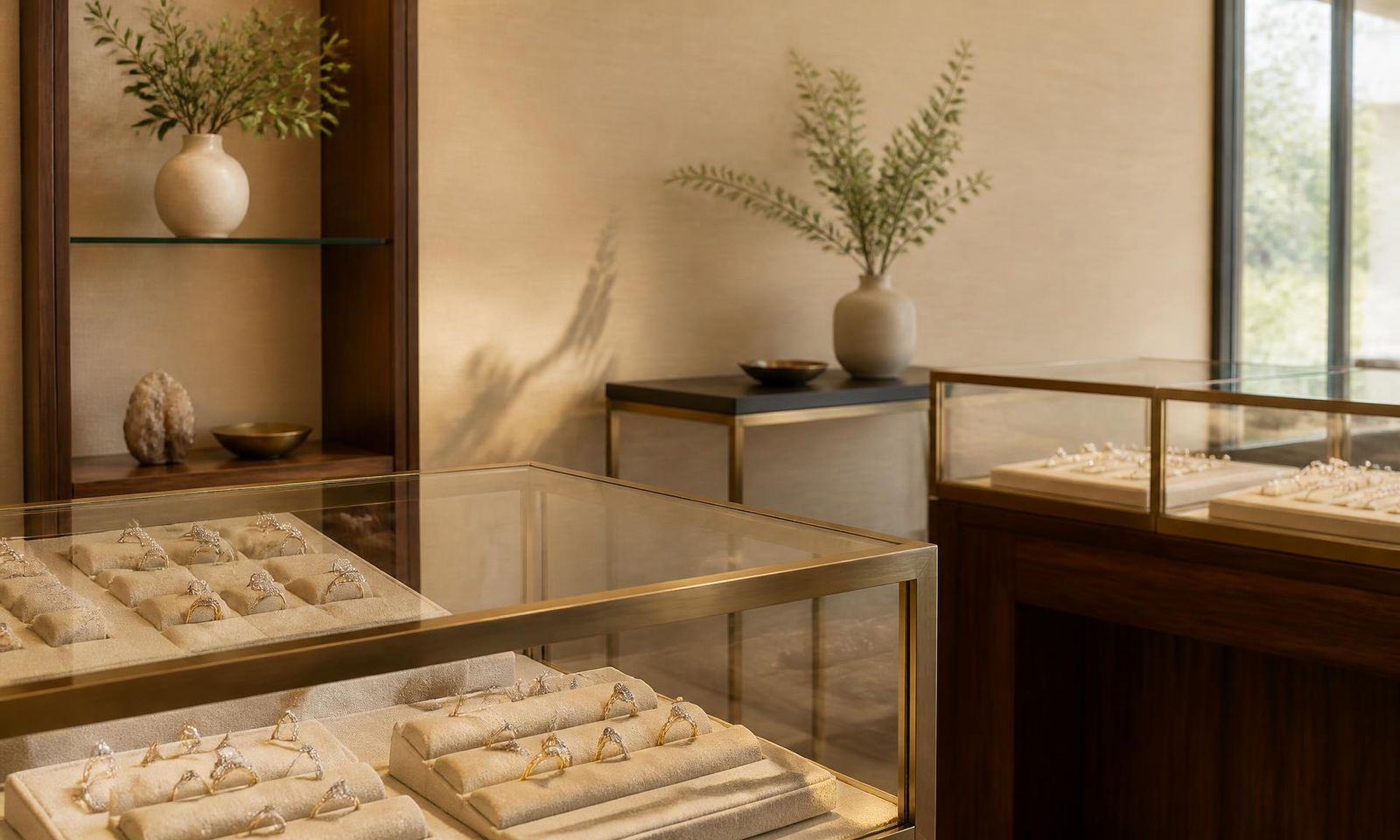 Display cases of diamond rings inside the Belle Meade Jewelry studio in Plattsburgh, New York