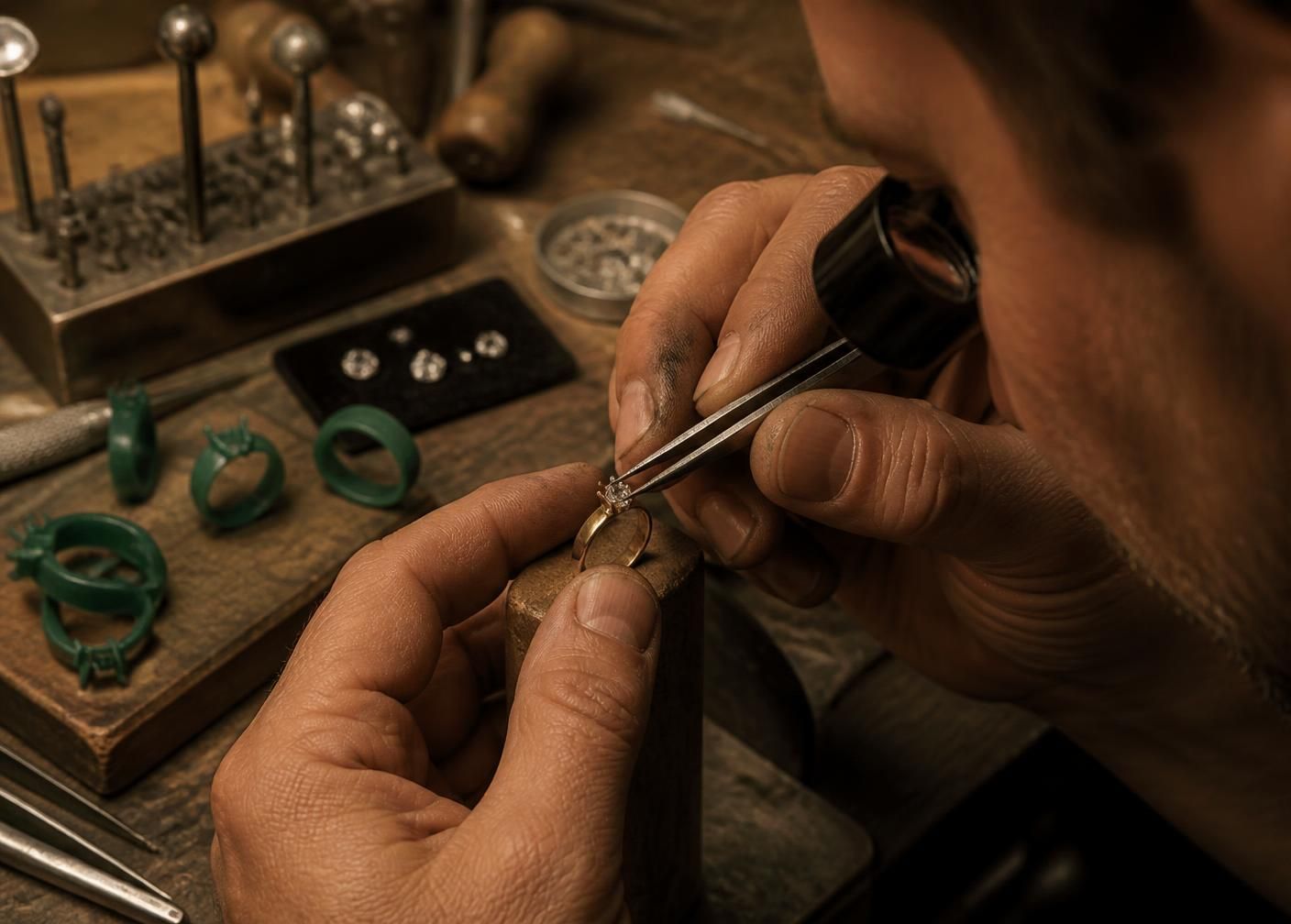 Goldsmith setting a diamond into a gold ring at the Belle Meade bench